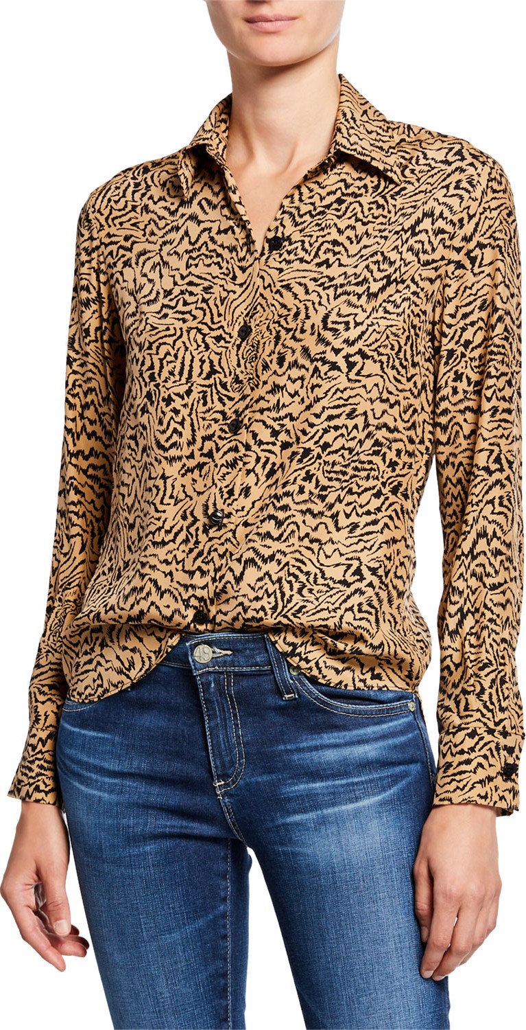 HVN Cristina Button-Down Tiger-Print Blouse