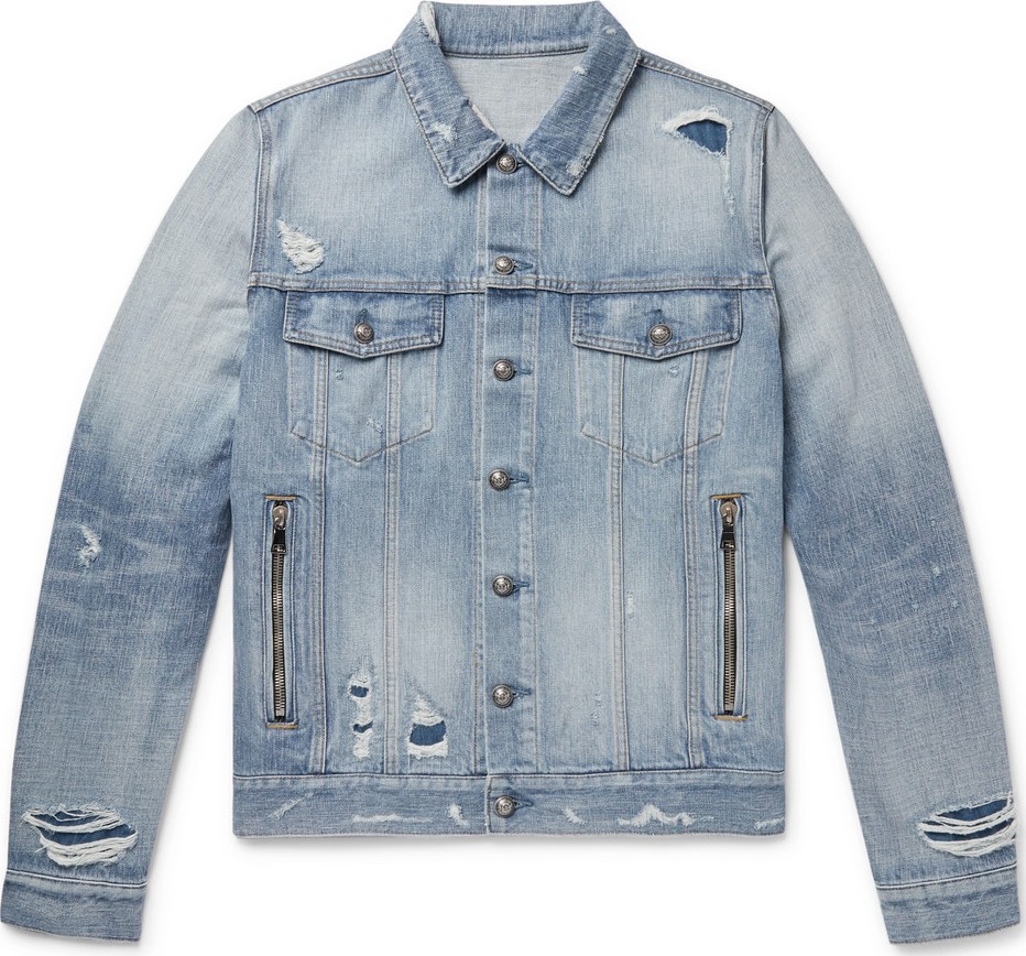 Balmain Logo-Embroidered Distressed Denim Jacket