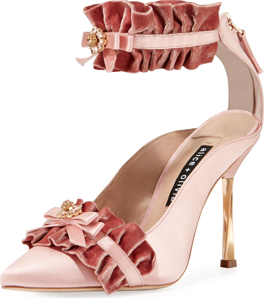 Alice + Olivia Alfray Satin Ruffled Ankle-Strap Pump Alice + Olivia Alfray Satin Ruffled Ankle-Strap Pump