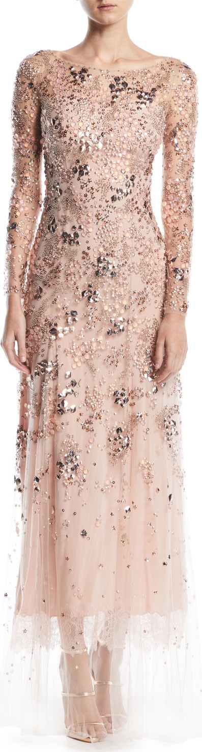 Jenny Packham Comet Bateau-Neck Long-Sleeve Beaded Evening Gown w/ Lace Trim