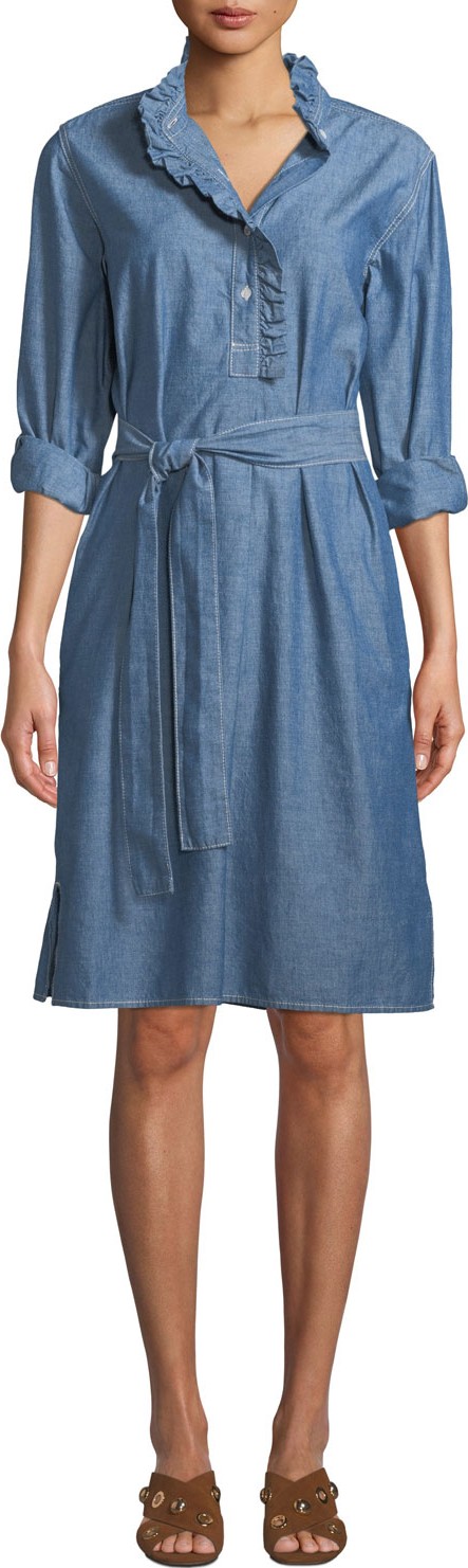 Tory Burch Ruffle-Placket Chambray Shirtdress