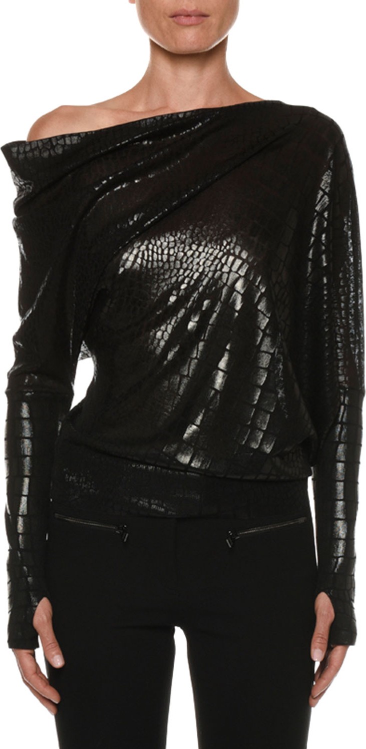 TOM FORD One-Shoulder Crocodile-Print Top