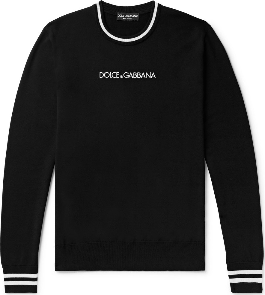 Dolce & Gabbana Slim-Fit Contrast-Tipped Logo-Embroidered Virgin Wool Sweater