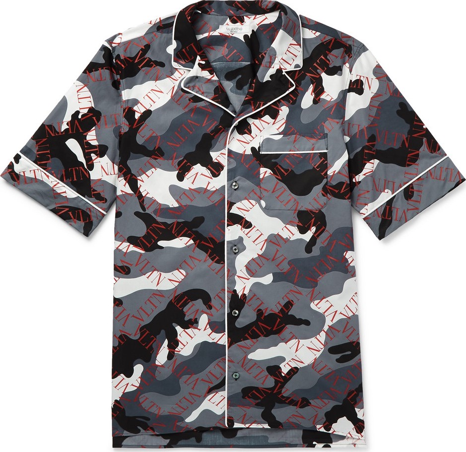Valentino Camp-Collar Piped Printed Cotton-Poplin Shirt