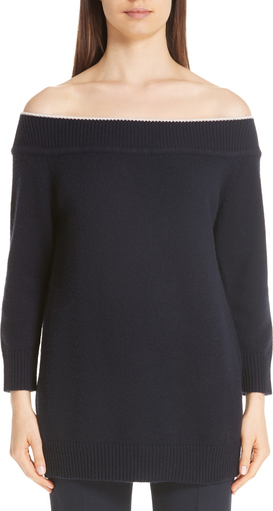 Lela Rose Contrast Neck Off the Shoulder Wool & Cashmere Sweater