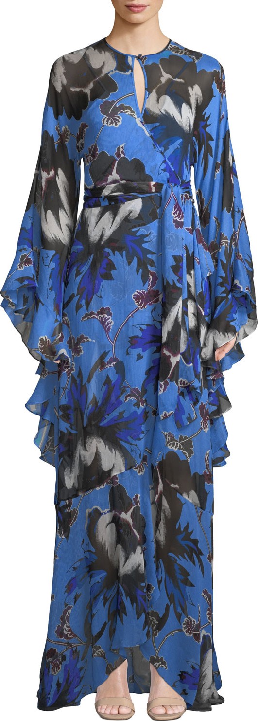 DIANE von FURSTENBERG Lizella Silk Floral-Print Ruffle Wrap Gown