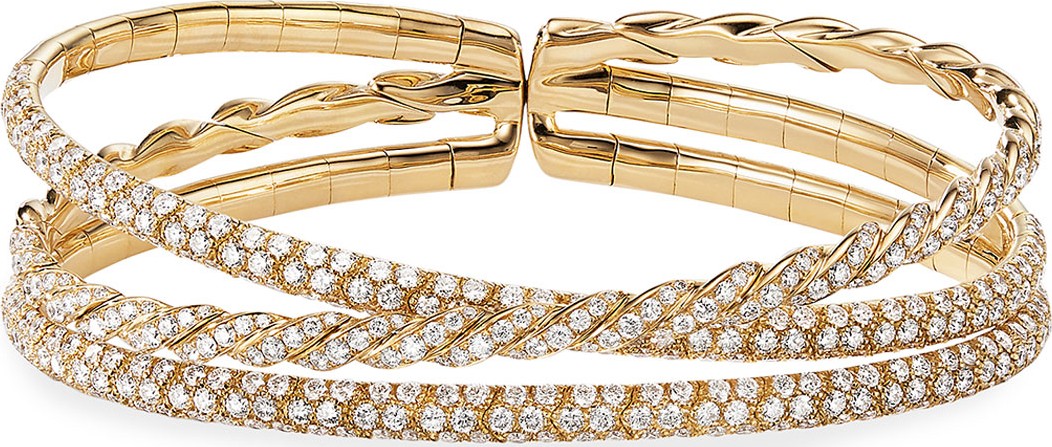 David Yurman 18k Gold Three-Row Paveflex Bracelet with Diamonds, Size L