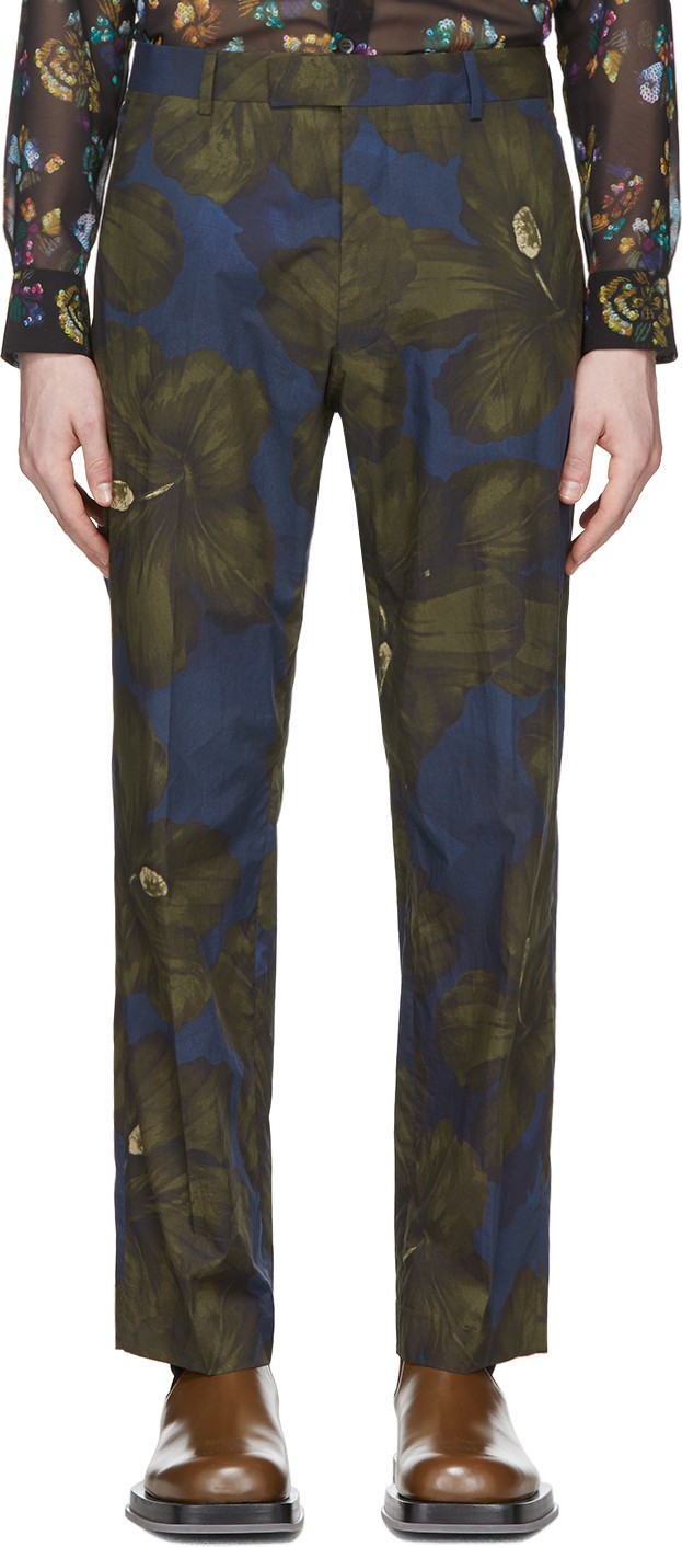 Dries Van Noten Khaki & Navy Satin Floral Trousers