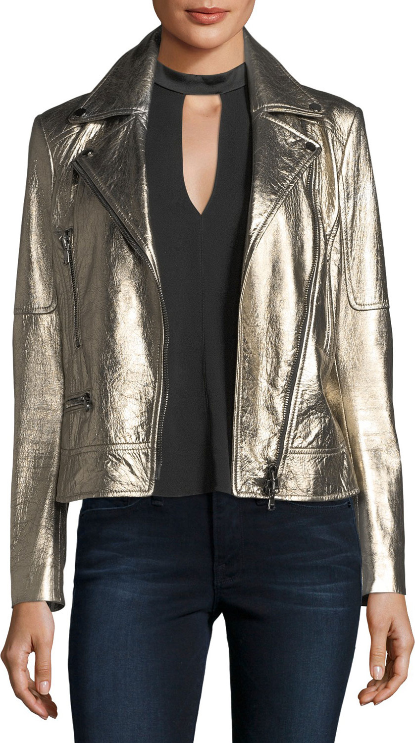 Veronica Beard Mica Metallic Leather Biker Jacket