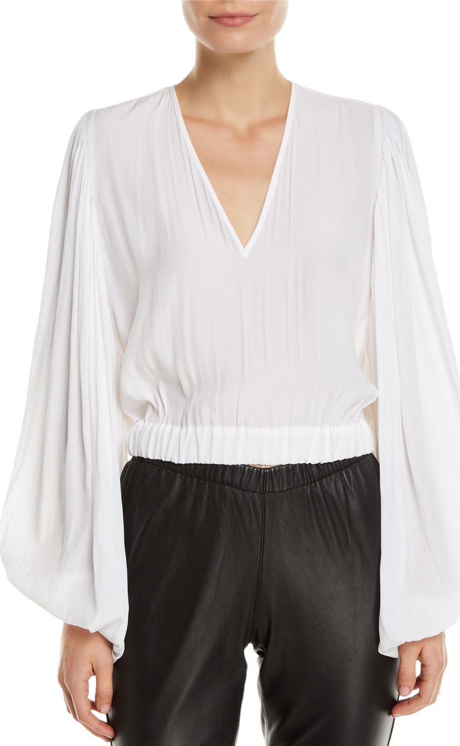 Ramy Brook Ryann Cropped Blouson-Sleeve V-Neck Top