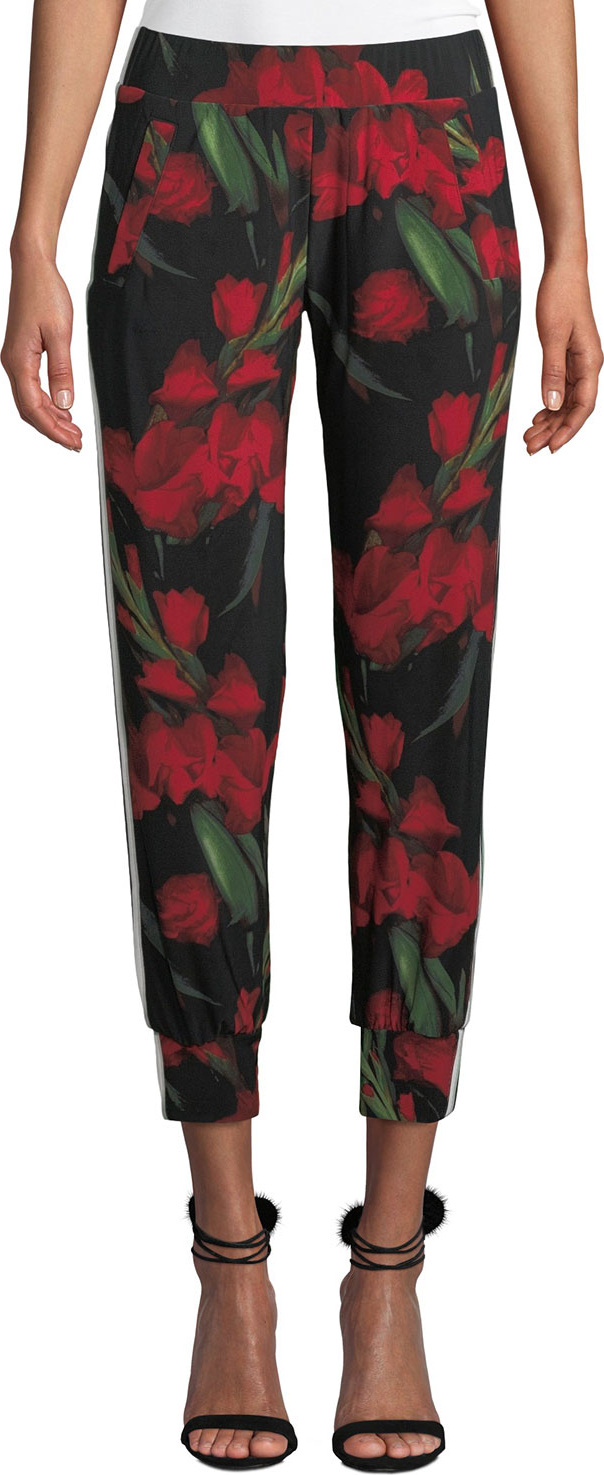 Norma Kamali Floral-Print Side-Stripe Ankle Jogger Pants