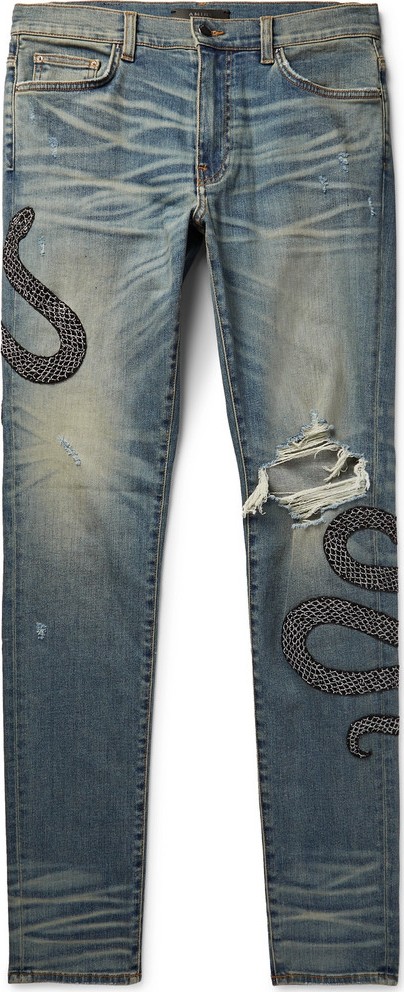 Amiri Skinny-Fit Appliquéd Distressed Stretch-Denim Jeans