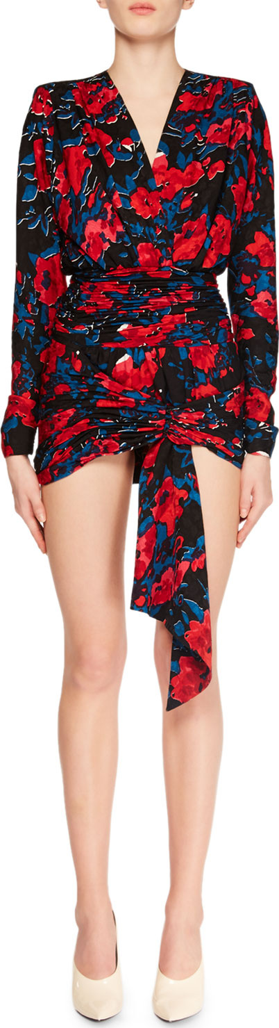 Saint Laurent V-Neck Long-Sleeve Tie-Front Ruched-Bottom Rose-Print Silk Mini Dress