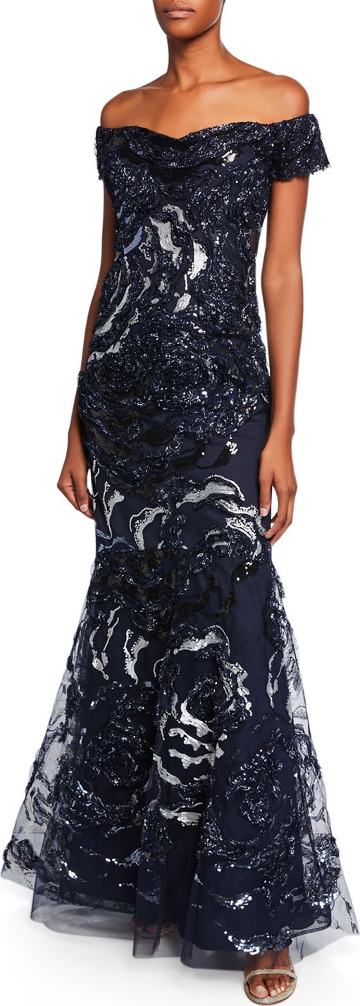 Rickie Freeman for Teri Jon Off-the-Shoulder Short-Sleeve Metallic & Sequin Lace Soutache Trumpet Gown