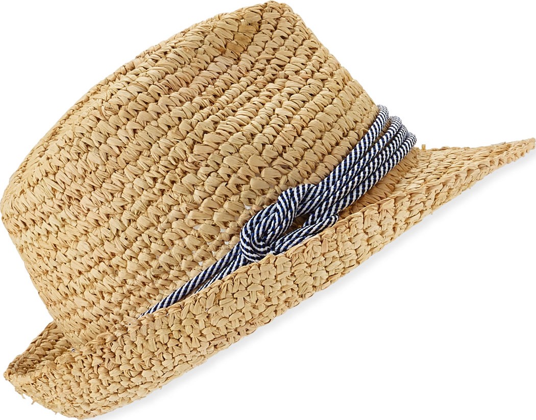 Tracy Watts Hitch Crochet Raffia Fedora Hat  Natural/Blue
