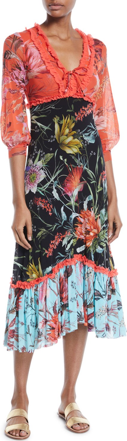 Fuzzi Floral Patchwork V-Neck Ruffle Dress