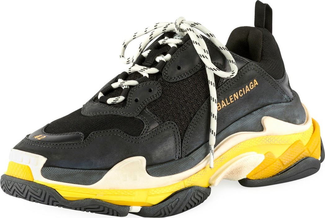 Balenciaga Men's Triple S Mesh & Leather Sneakers, Black/Yellow