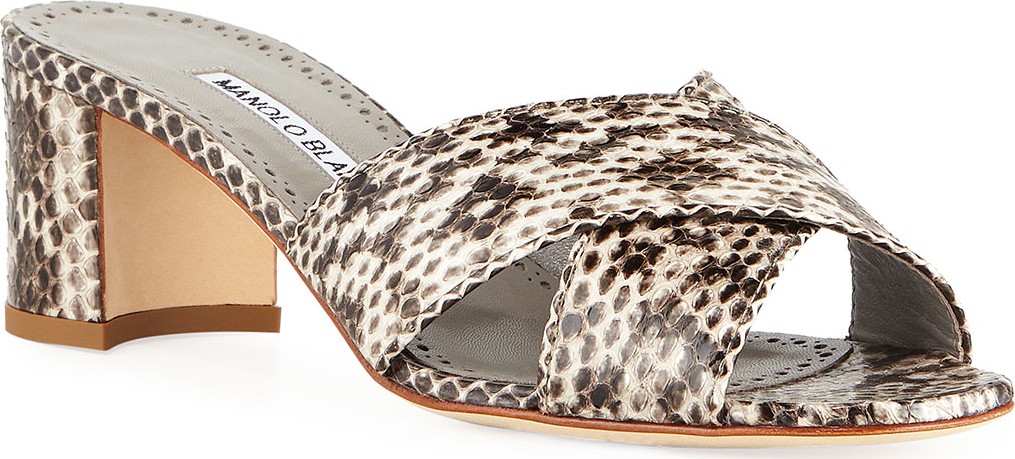 Manolo Blahnik Otawi Crisscross Snakeskin Slide Sandals
