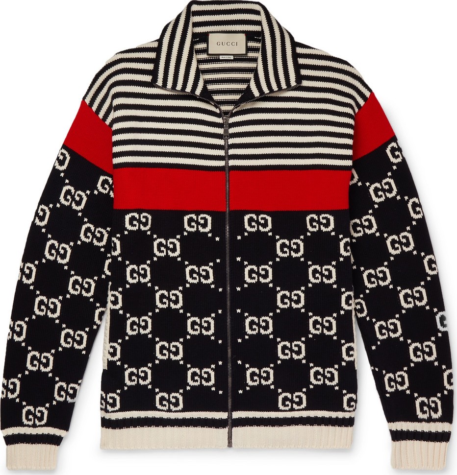 Gucci Logo-Intarsia Striped Cotton Zip-Up Sweater