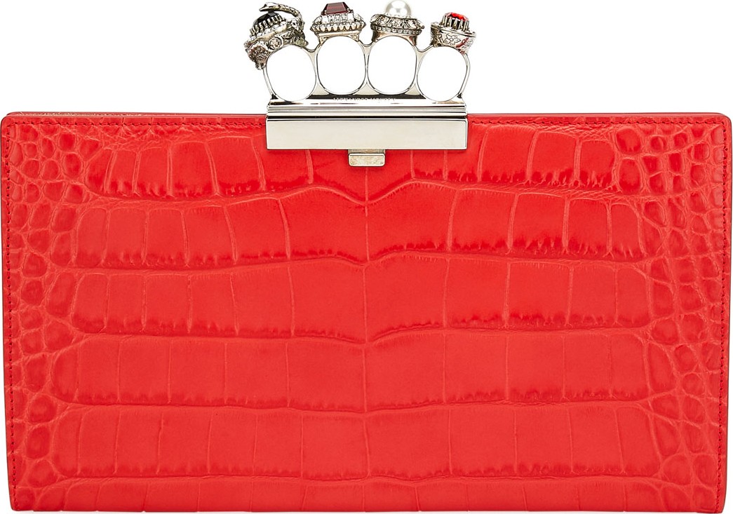 Alexander McQueen Jeweled Knuckle Four-Ring Croc Clutch Bag