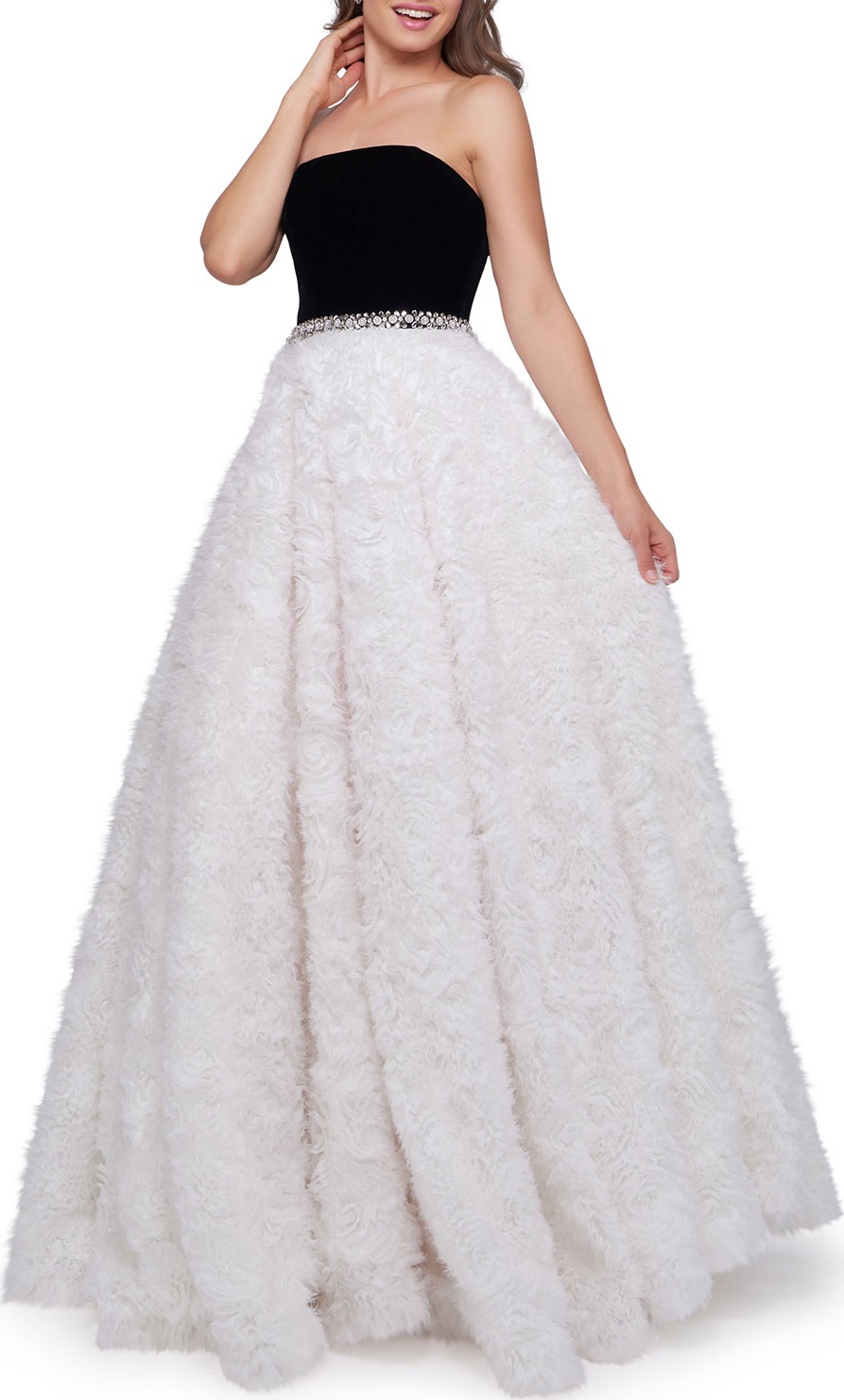 Mac Duggal Strapless Ball Gown with Velvet Bodice & Textured Ribbon Skirt