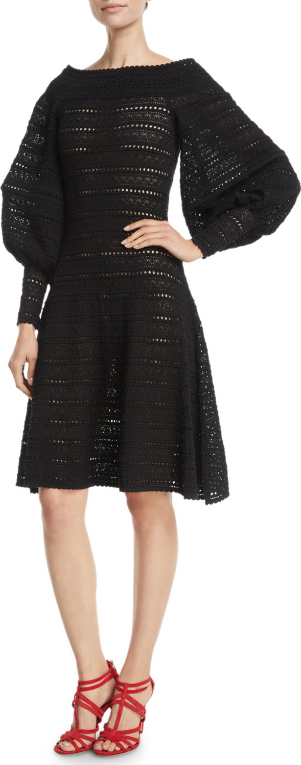 Oscar De La Renta Full-Sleeve Off-the-Shoulder A-Line Pointelle Knit Dress