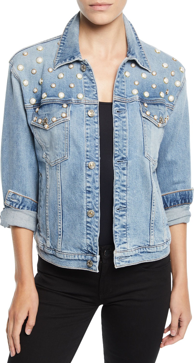 7 For All Mankind Pearl-Embellished Boyfriend Trucker Denim Jacket
