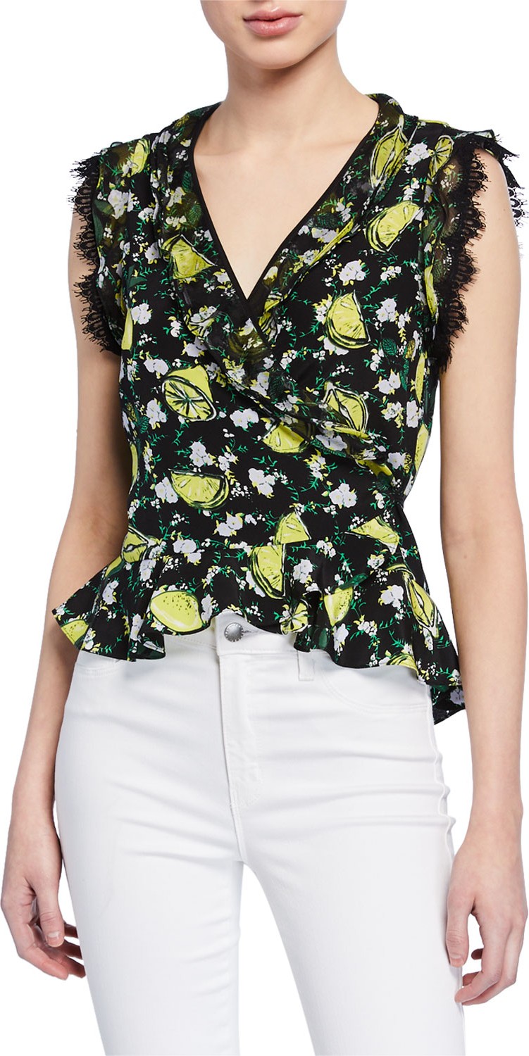 DIANE von FURSTENBERG Peona Lemon-Print Sleeveless Peplum Top