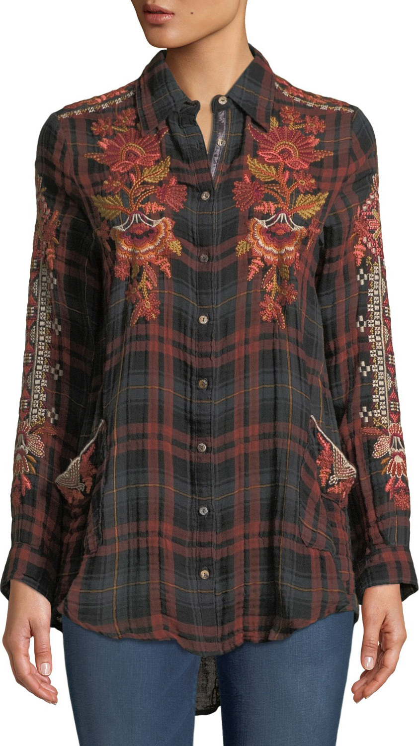Johnny Was Warner Painters Smocked Embroidered Plaid Button-Down Shirt