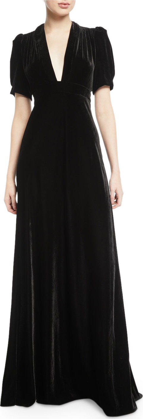 Jill Jill Stuart Velvet Puff-Sleeve V-Neck Gown