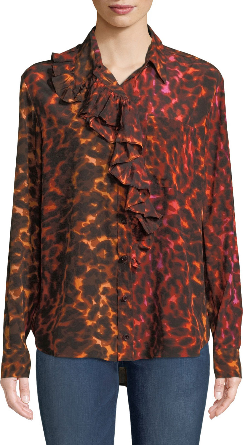 Stella McCartney Ruffle-Placket Neon Animal-Print Silk Blouse