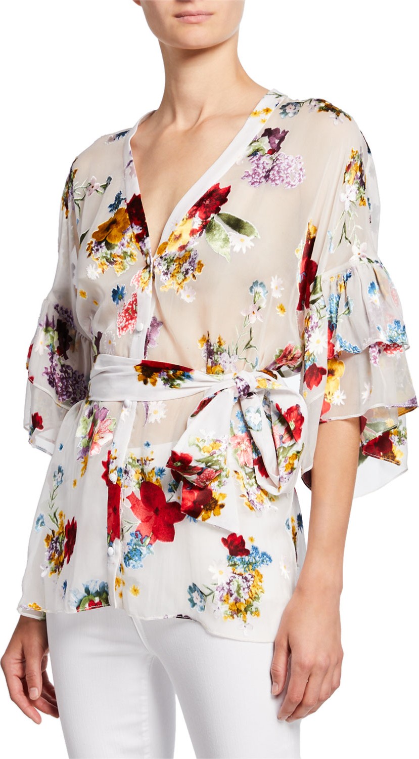 Alice + Olivia Rosario Floral Tie-Waist Ruffle-Sleeve Kimono Top