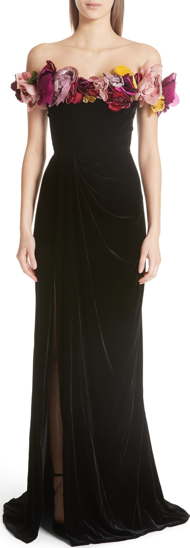 Marchesa Floral Off the Shoulder Velvet Gown