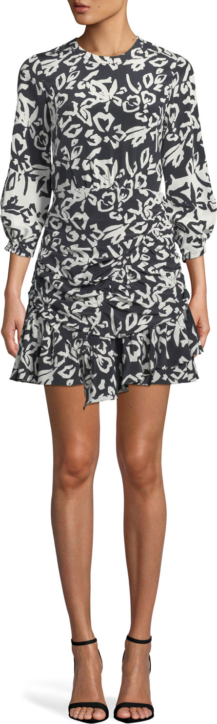 Tanya Taylor Mel Printed Ruched Silk Flounce Short Dress
