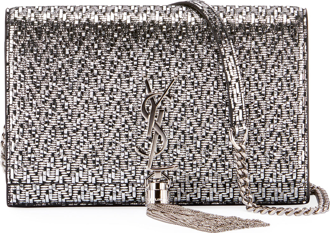 Saint Laurent Kate Monogram Tassel Mini-Chevron Metallic Leather Wallet on a Chain