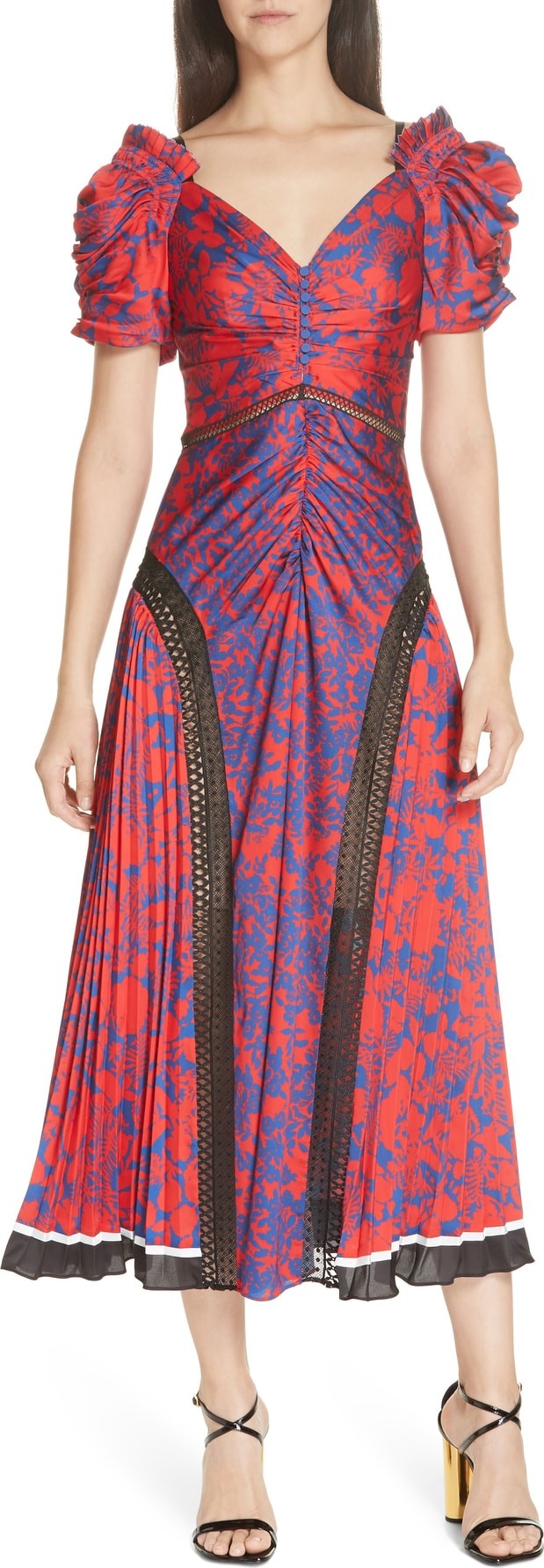 Self Portrait Ruched & Pleated Floral Print Midi Dress