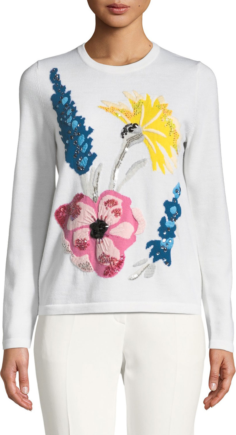 Escada Embroidered-Floral Virgin Wool Pullover Sweater