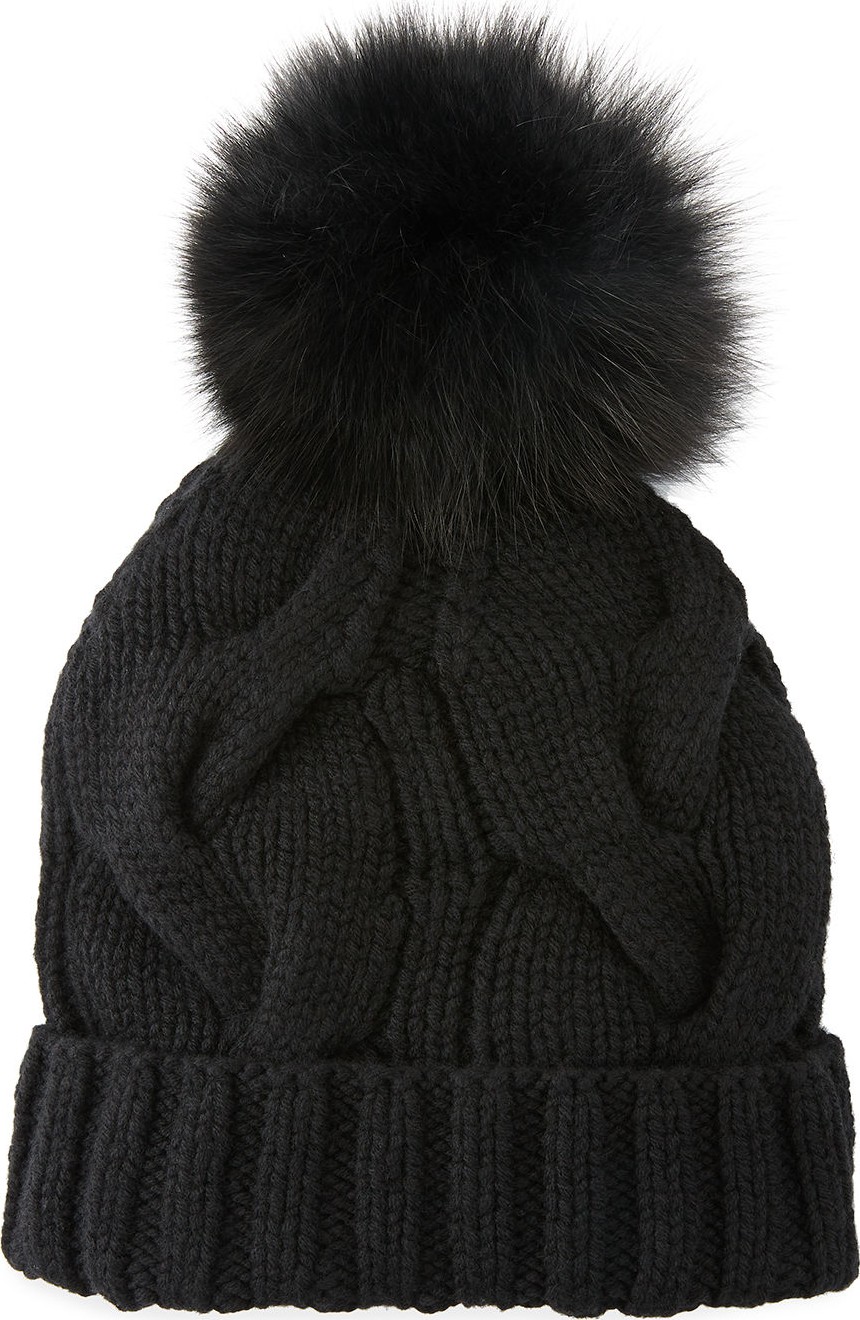 Loro Piana Cashmere Chunky Knit Beanie Hat w/ Fur Pompom
