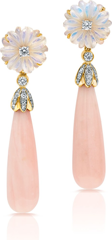 Pamela Huizenga 18k Gold Pink Opal Daisy Drop Earrings