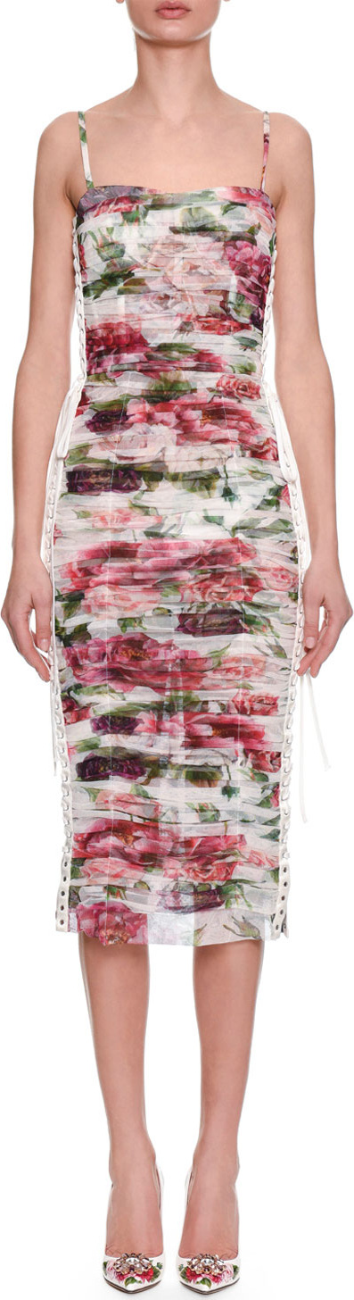 Dolce & Gabbana Sleeveless Thin-Strap Rose & Peony Print Ruched Chiffon Dress