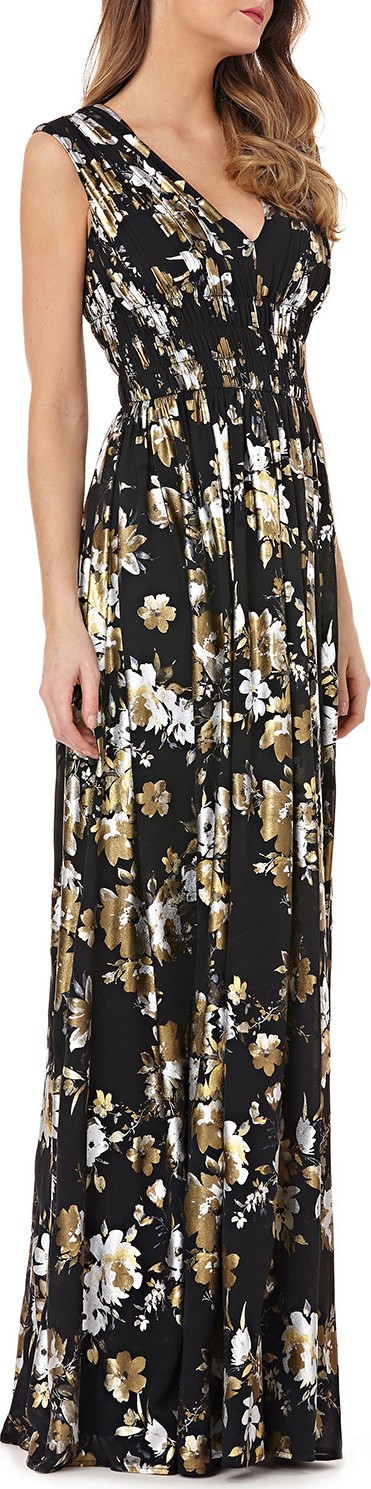 Kay Unger V-Neck Foiled Chiffon Dress w/ Smocked Waist
