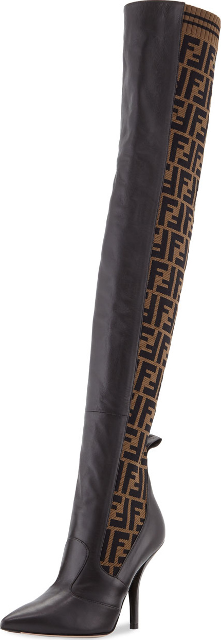Fendi FF-Panel Leather Over-the-Knee Knit Boot