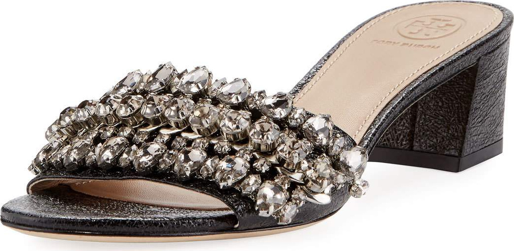 Tory Burch Beverly Embellished Crinkle-Leather Slide Sandal