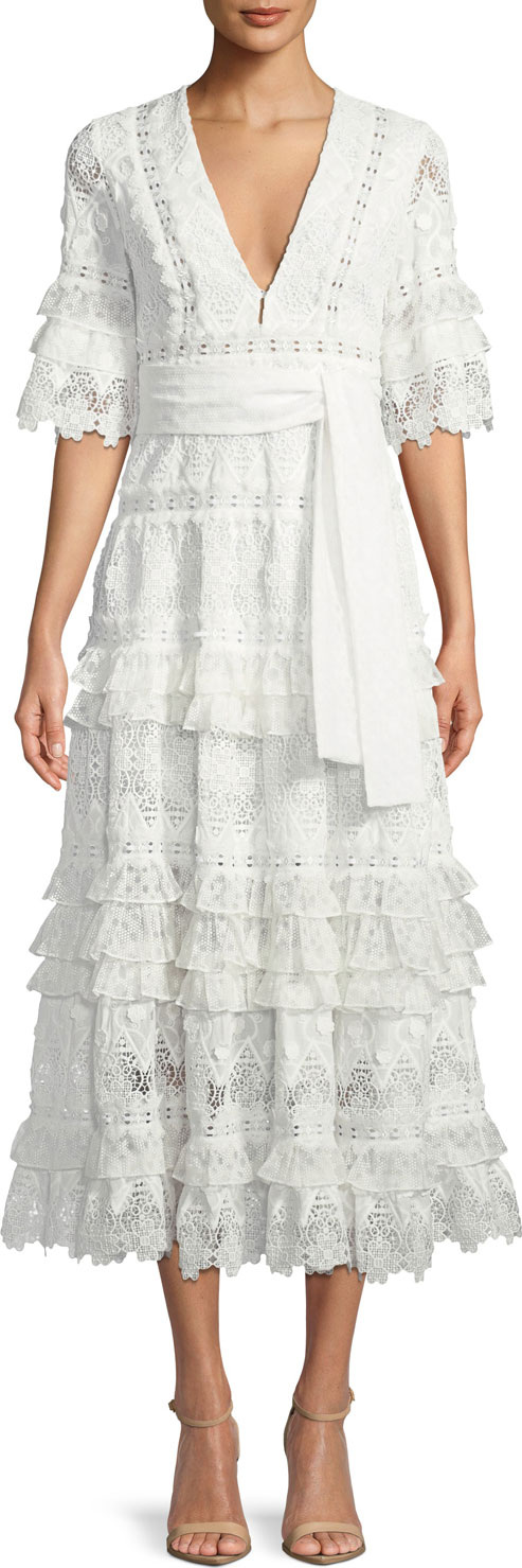 Alexis Hazelle Short-Sleeve Lace Midi Cocktail Dress