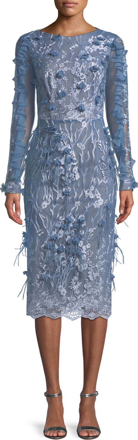 David Meister Ruffle-Sleeve Dress w/ Feather Details