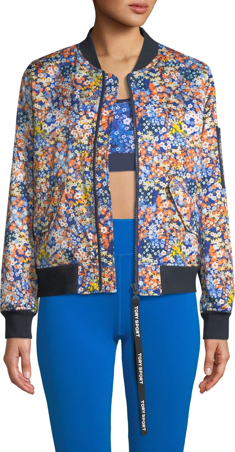 Tory Sport Satin Floral-Print Bomber Jacket