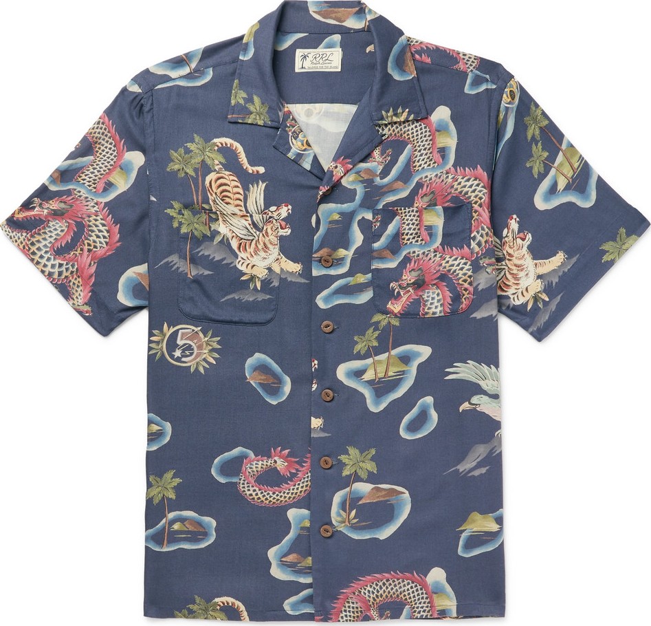 Rrl Slim-Fit Camp-Collar Printed Woven Shirt