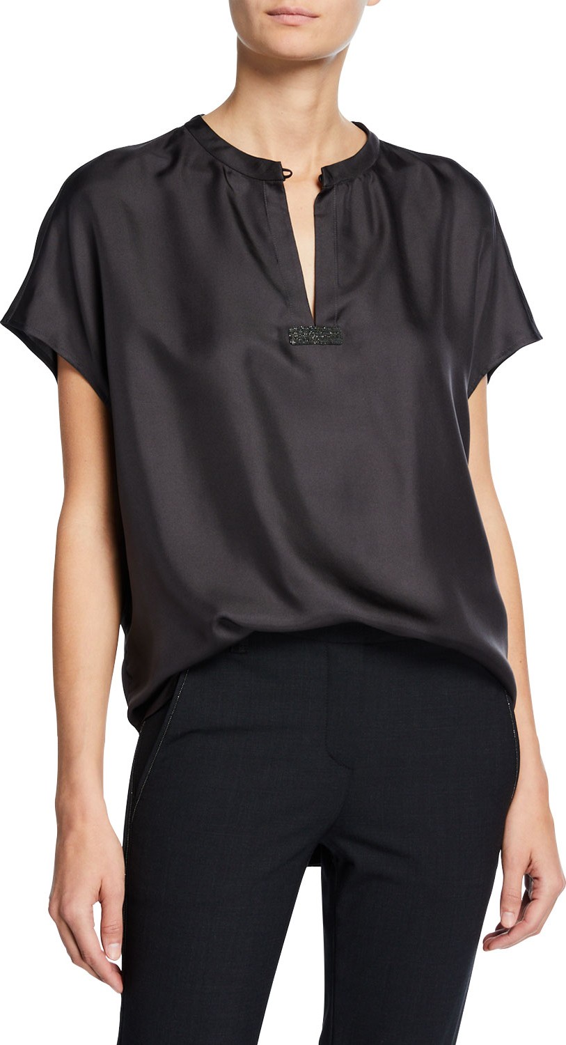 Brunello Cucinelli Silk Cap-Sleeve Monili-Tabbed Blouse