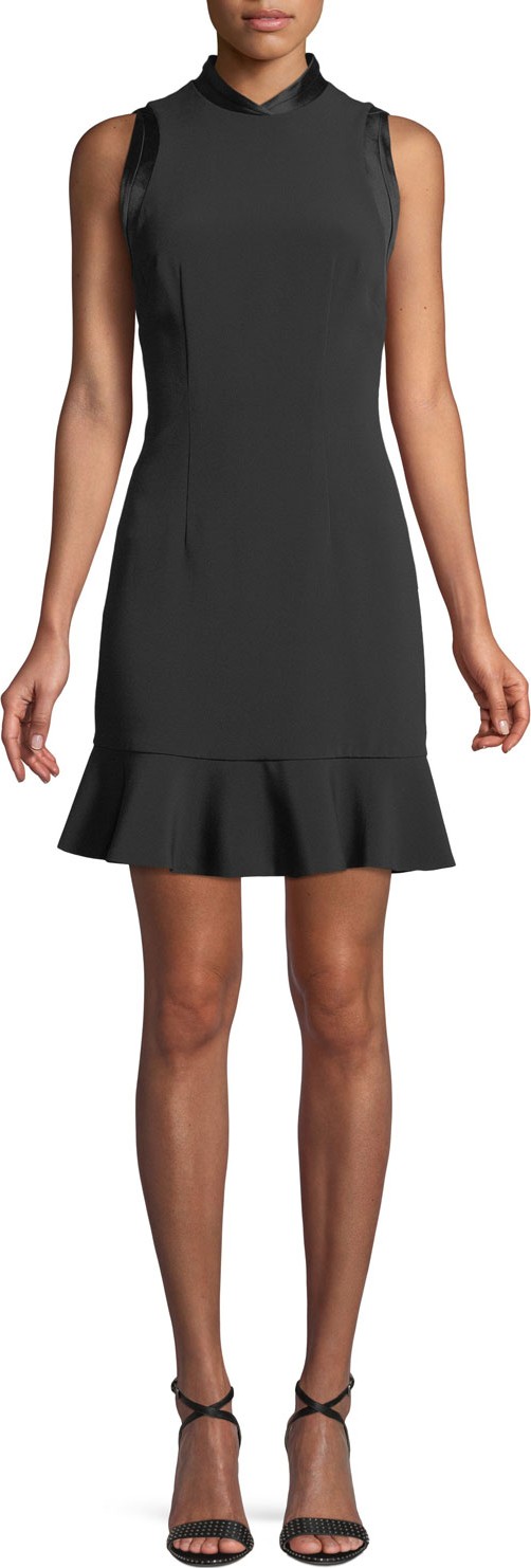 Brandon Maxwell High-Neck Sleeveless A-Line Crepe Dress w/ Satin Trim
