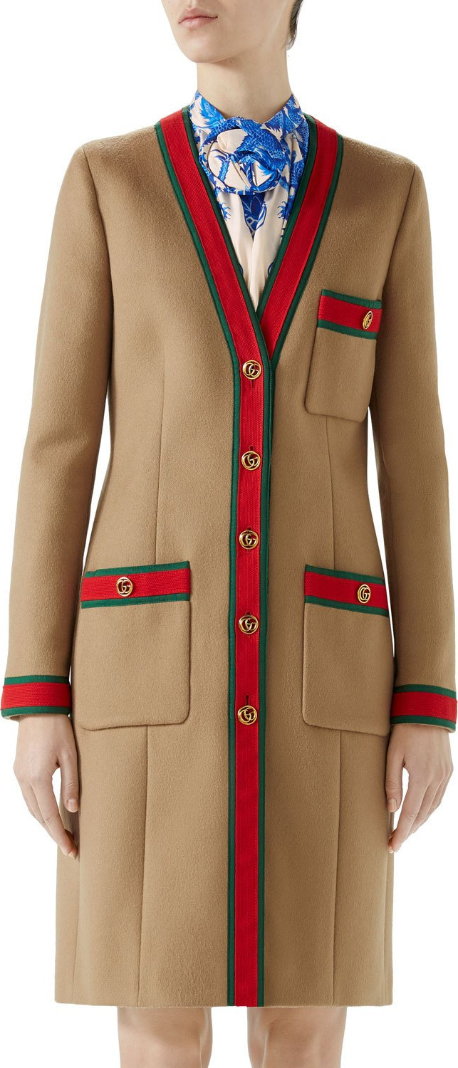 Gucci Single-Breasted Web-Trim 3-Pocket Wool Coat